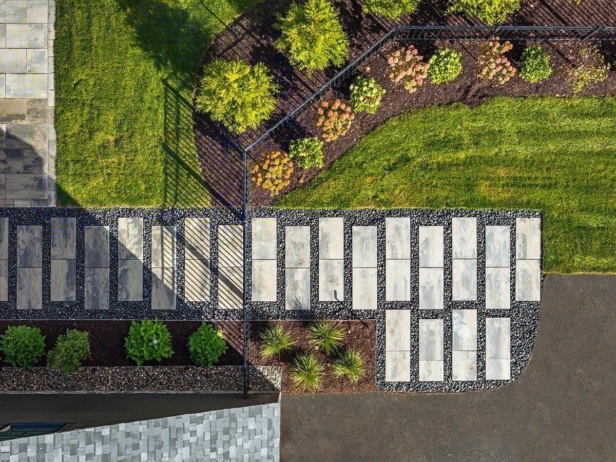 aerial view of a walkway with selective native planting around it