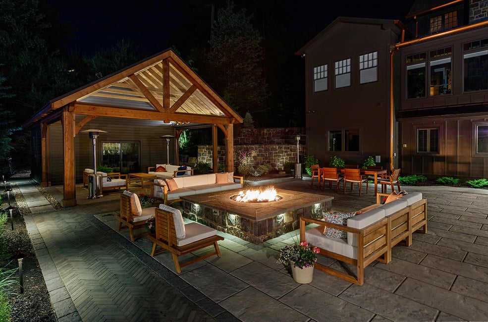 fire pit night seating pergola lighting patio demeo