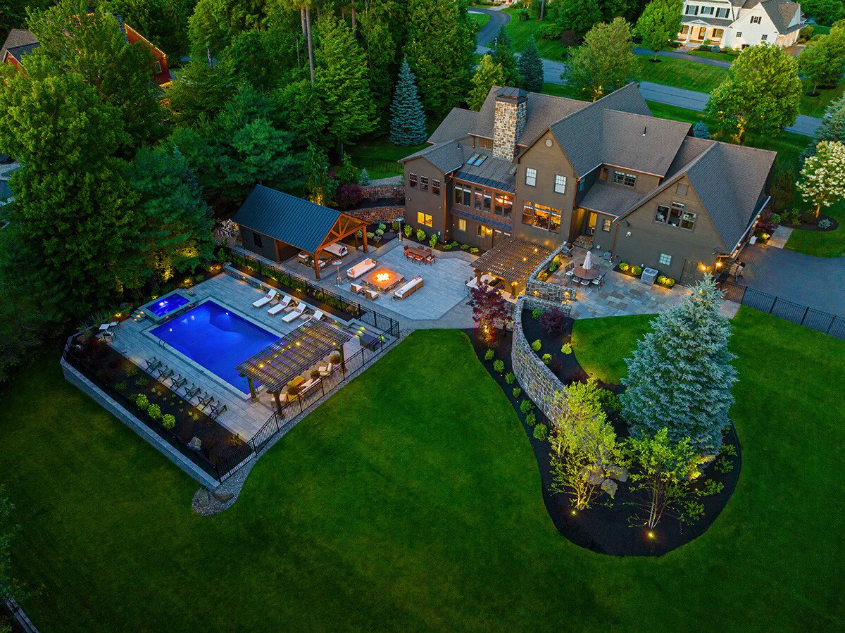overhead view of a full landscape design installed