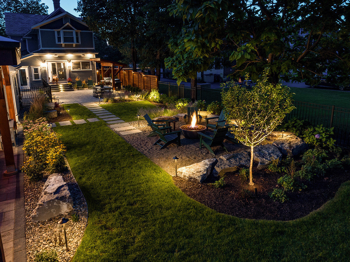 full landscape design with lighting and firepit