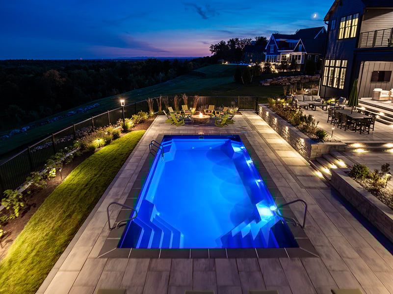 nice pool lighting fire pit night chairs patio mangini
