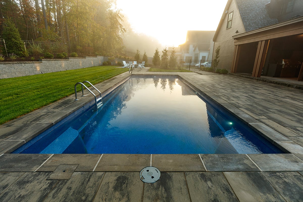 inground pool on a foggy morning