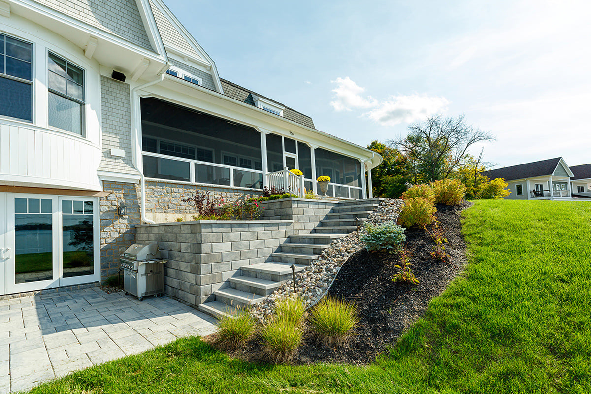 retaining walls combined with stairs allow elevation gains to be traversed in the ladnscape