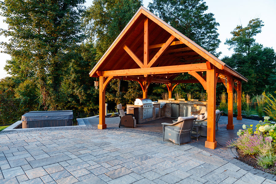 pergola lighting seating outdoro kitchen patio grill hot tub robarge