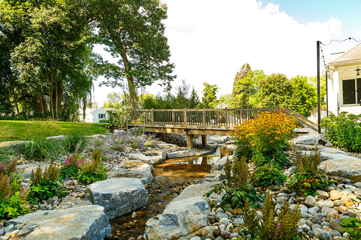 native plantings in rock bed around a stream