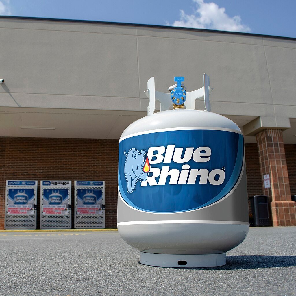 Blue Rhino propane tank used in a propane fire pit