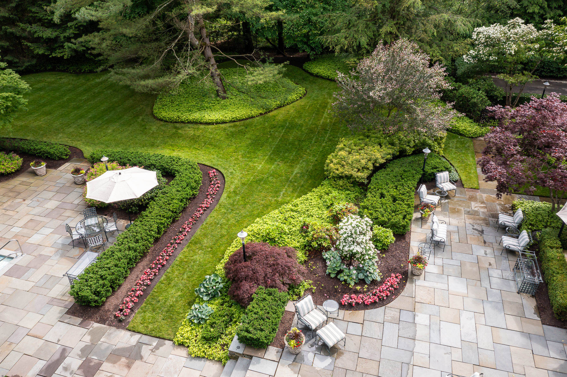 aerial planting bed flowers shrubs trees grass lawn turf pots