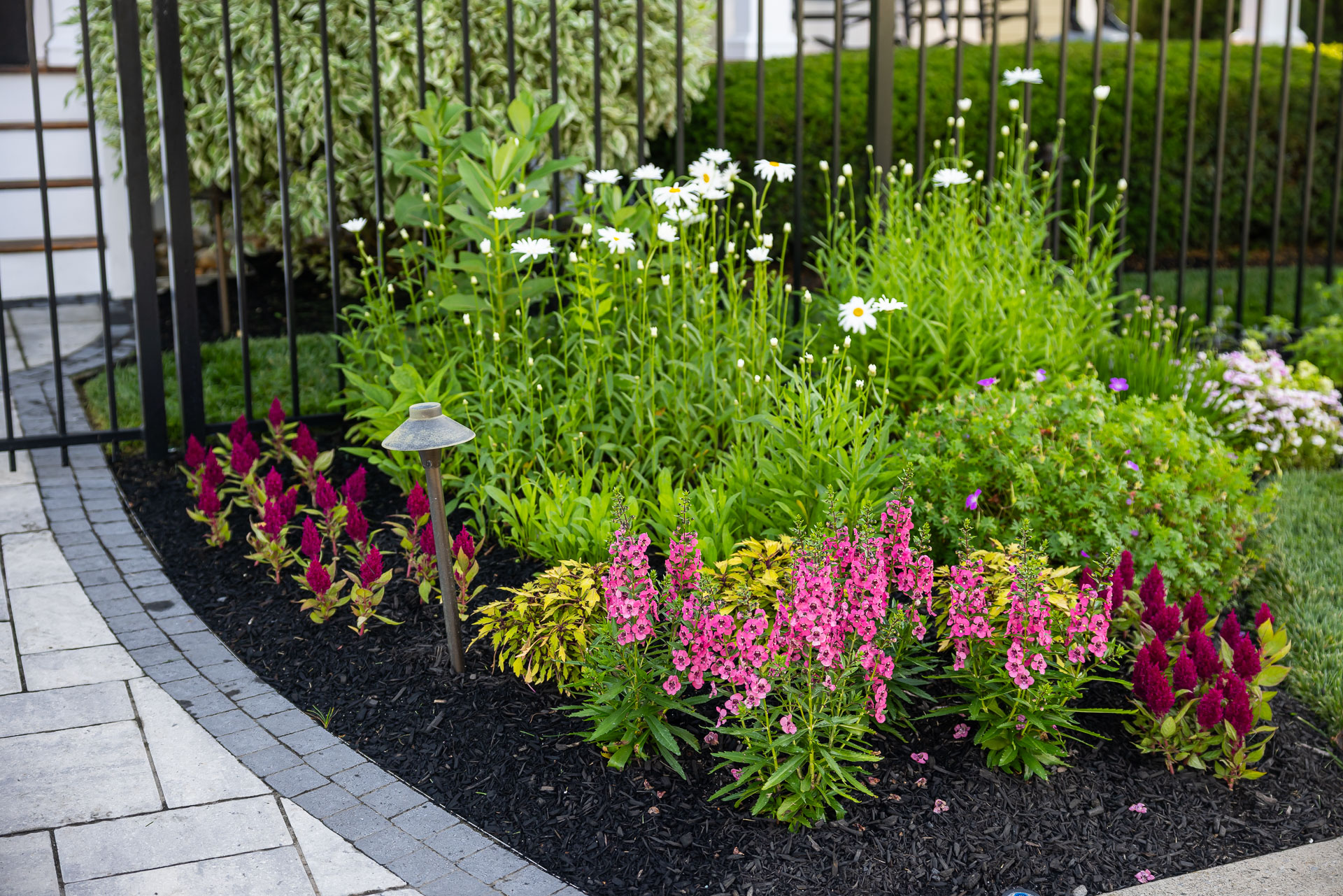 detail planting bed flowers landscape path light 2