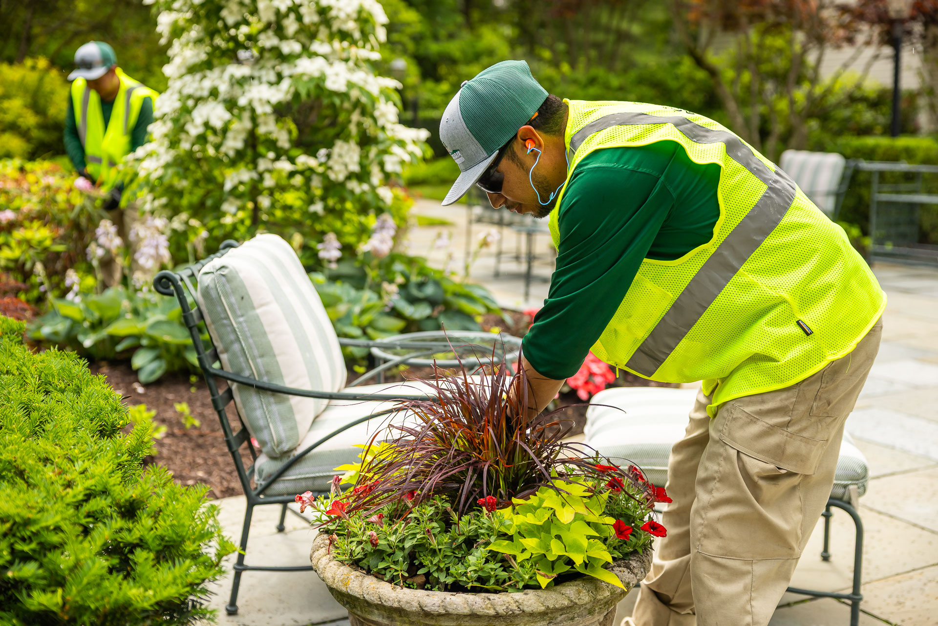 maintenance crew annual pot flowers