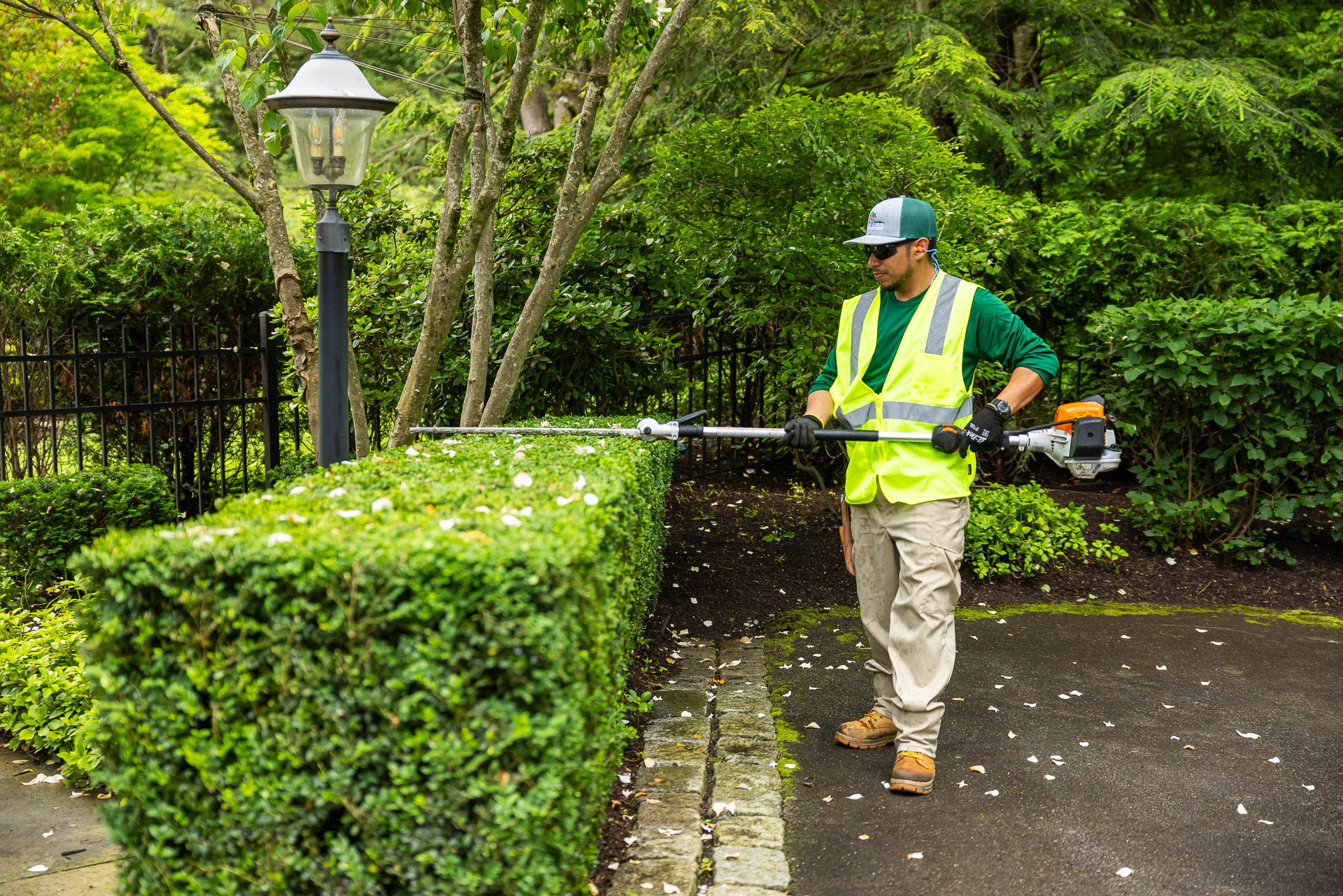 maintenance crew hedge shear trimming top