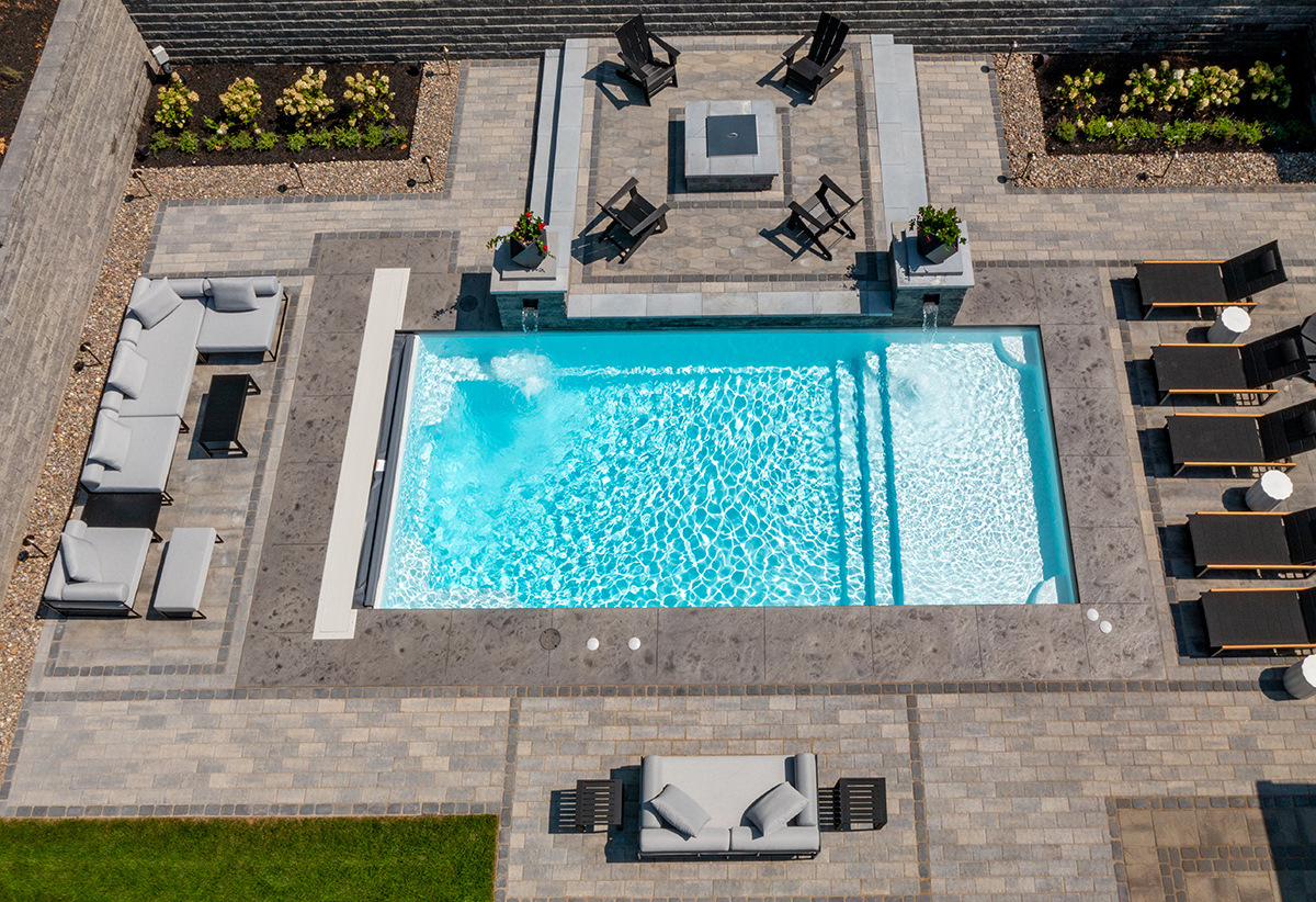aerial pool seating patio raval