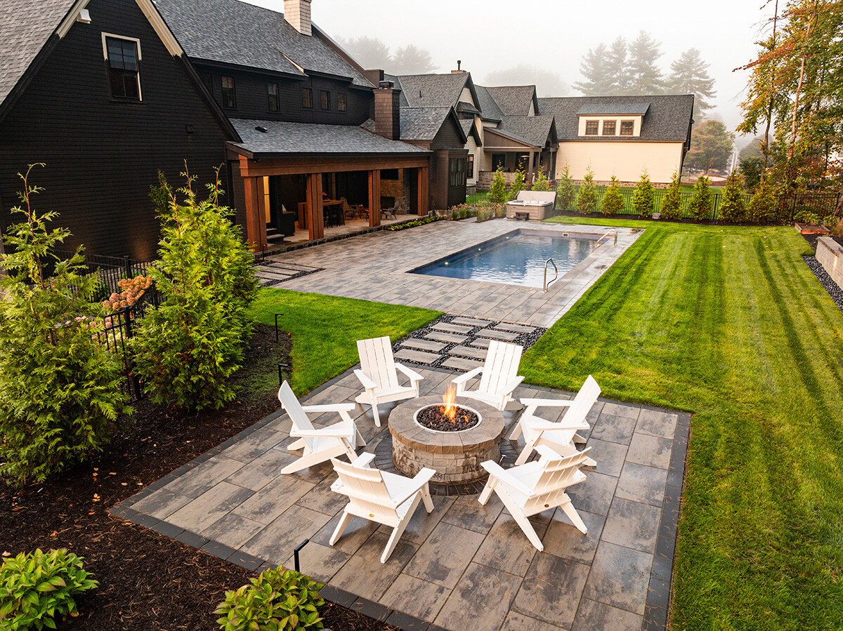 nice patio fire pit grass plants home pool porcelain chairs seating edelman 2