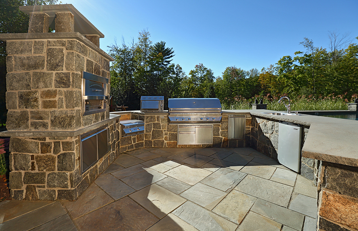 outdoor kitchen grill pizza oven stone patio counter rose