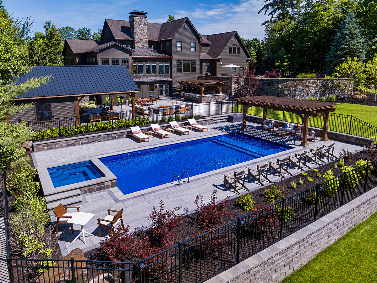 pool seating chairs hot tub plants fence pergola patio wall demeo